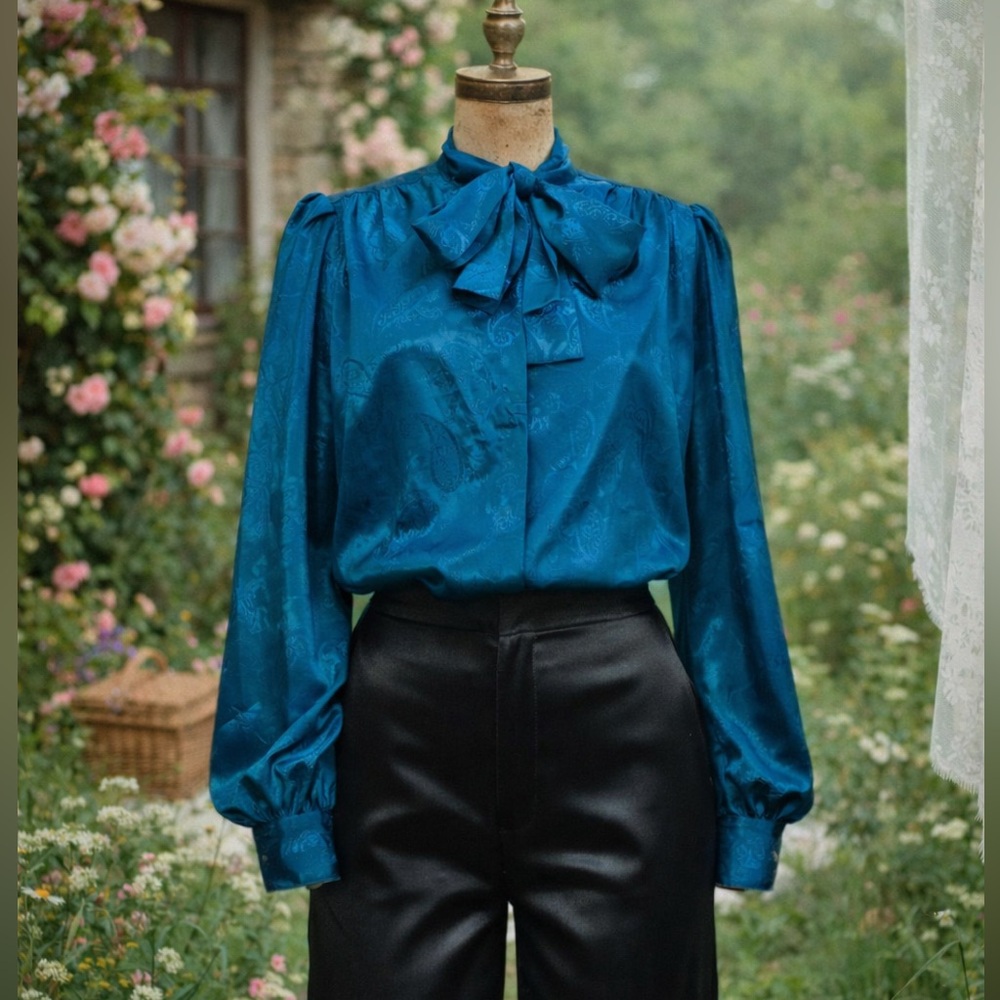 Vintage Late 1970s Carson Pirie Scott Chicago Blue Paisley Long Sleeve Blouse